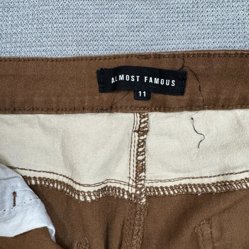 Almost Famous Patchwork Denim Jeans Womens Size 11 Brown Tan Raw Edge High Rise - Picture 7 of 14